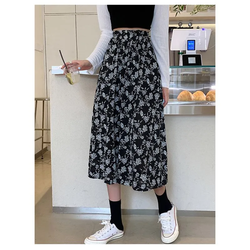 Plus Size Floral Print Black Mesh Skirt