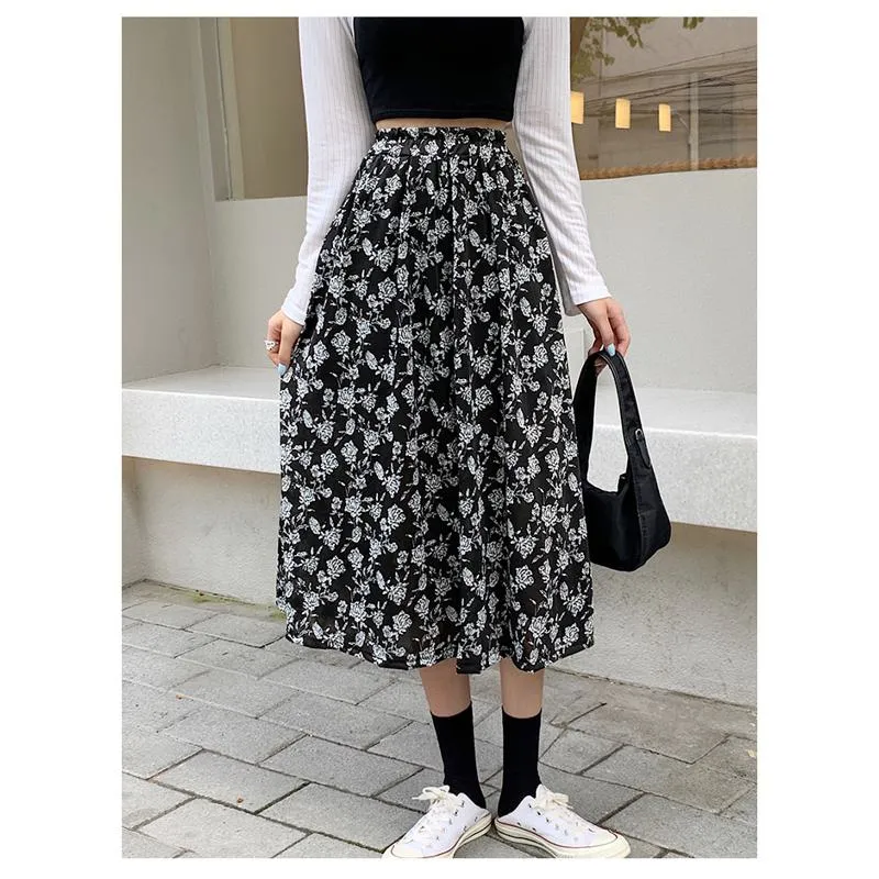 Plus Size Floral Print Black Mesh Skirt