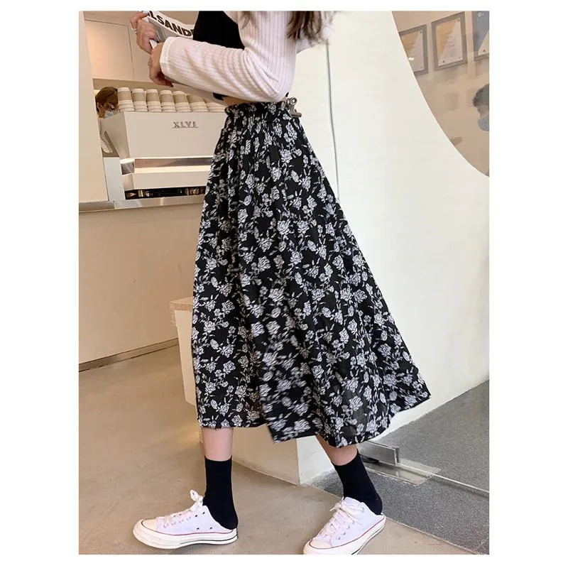 Plus Size Floral Print Black Mesh Skirt
