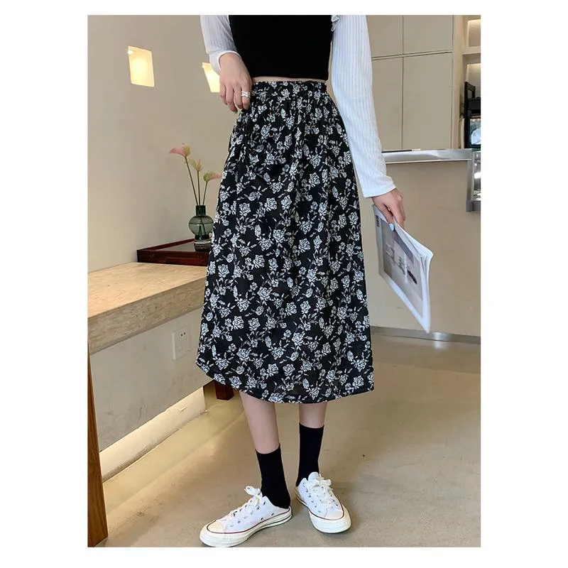 Plus Size Floral Print Black Mesh Skirt