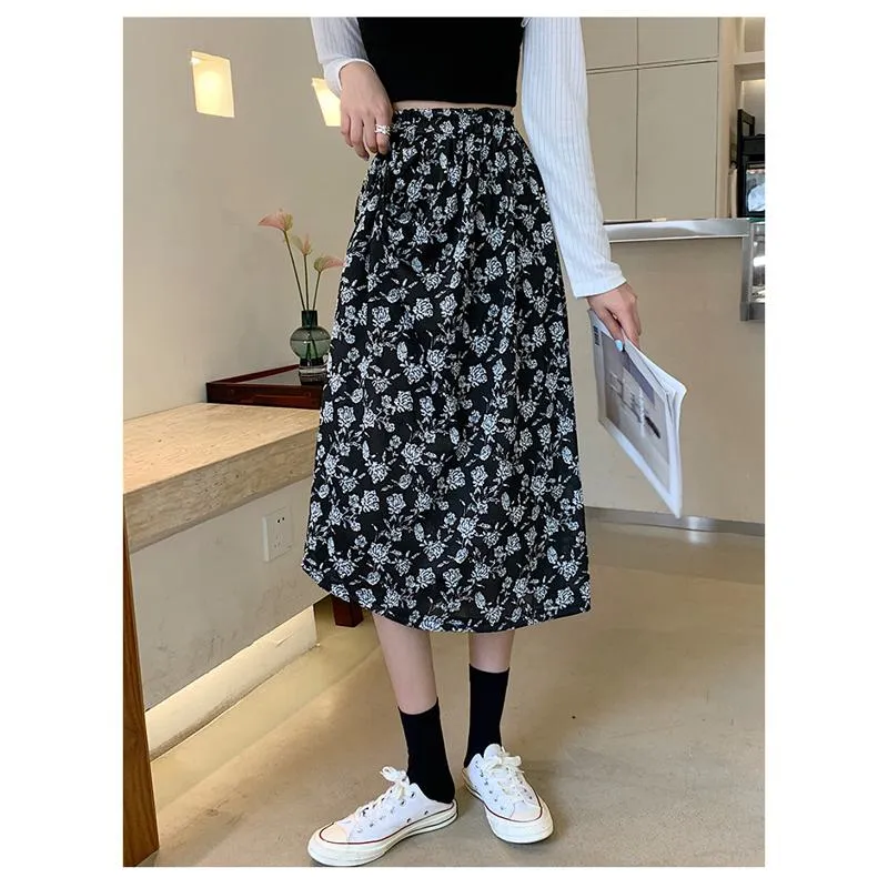 Plus Size Floral Print Black Mesh Skirt