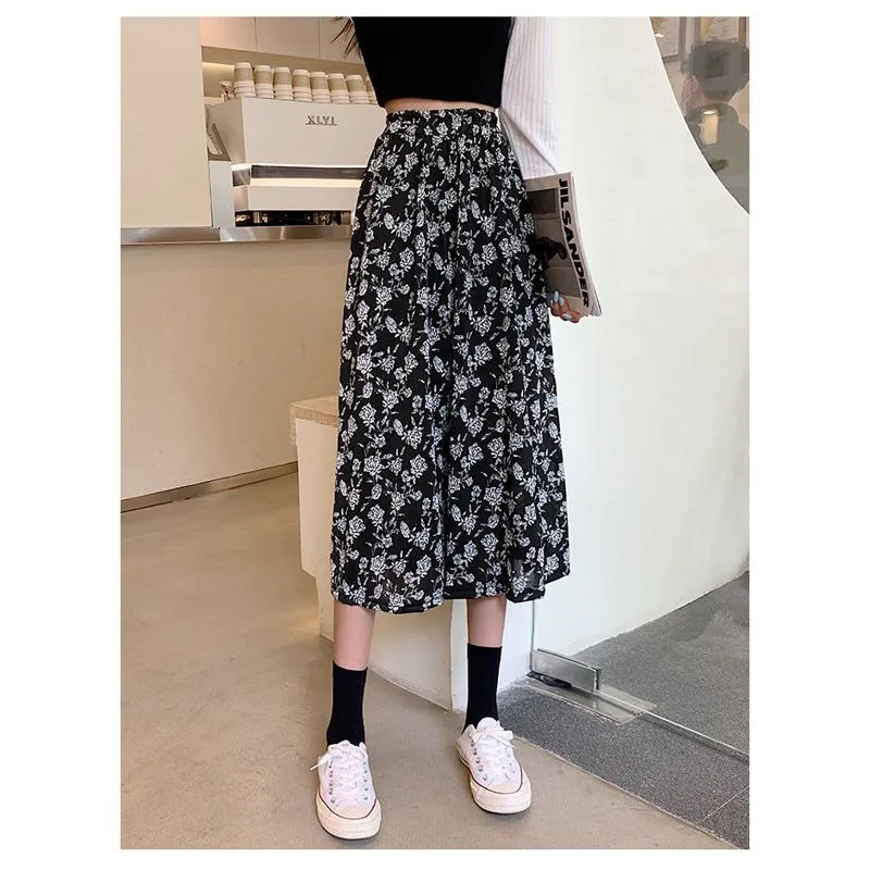 Plus Size Floral Print Black Mesh Skirt