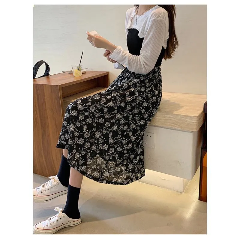 Plus Size Floral Print Black Mesh Skirt