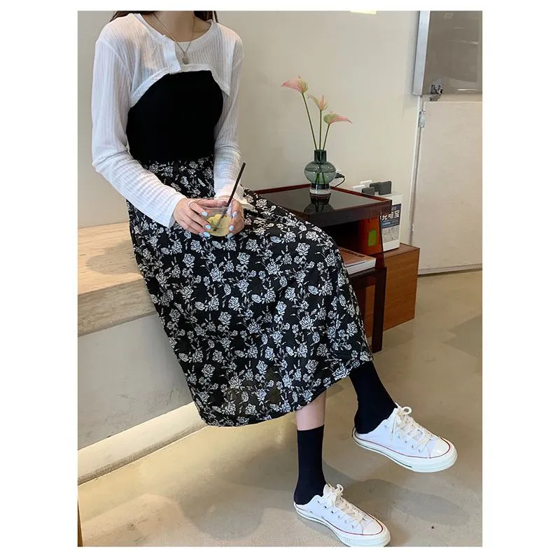 Plus Size Floral Print Black Mesh Skirt