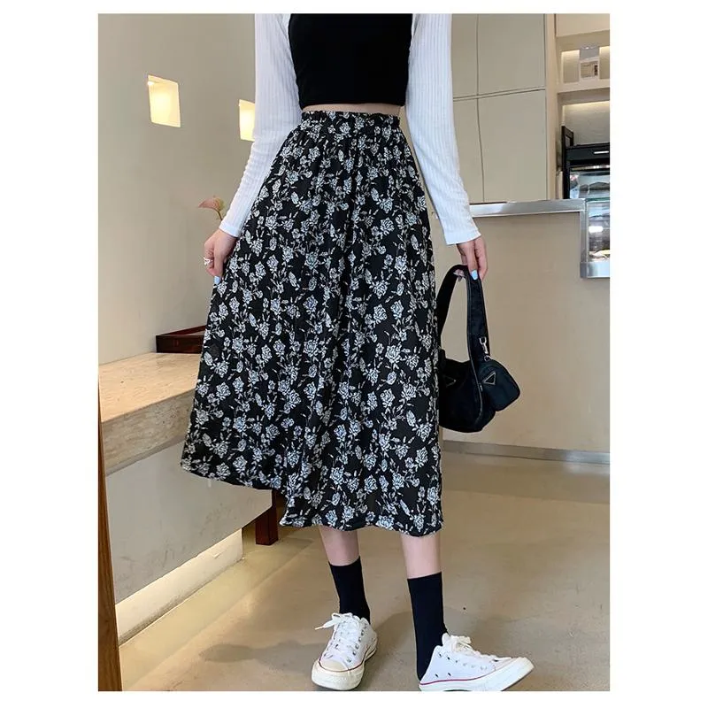 Plus Size Floral Print Black Mesh Skirt