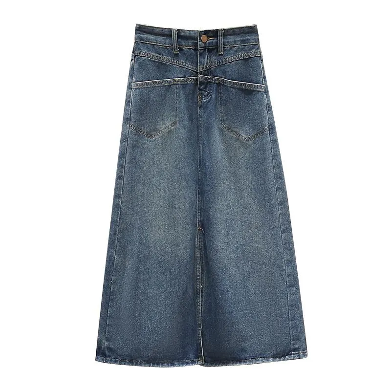 Plus Size High-Waisted Split Hem Slimming Retro Midi Denim Skirt