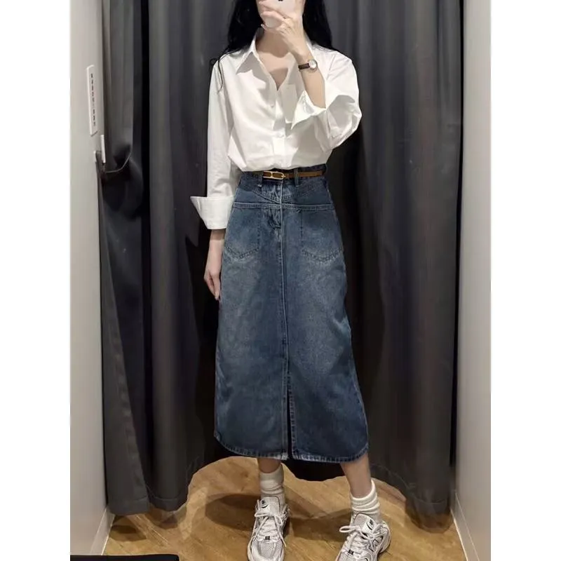 Plus Size High-Waisted Split Hem Slimming Retro Midi Denim Skirt