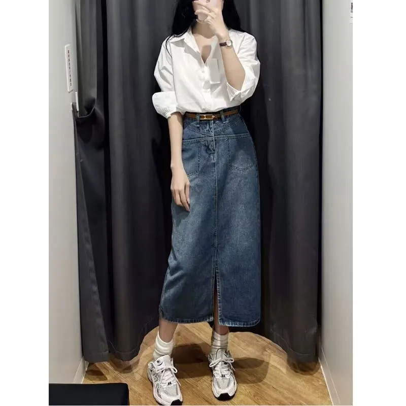 Plus Size High-Waisted Split Hem Slimming Retro Midi Denim Skirt