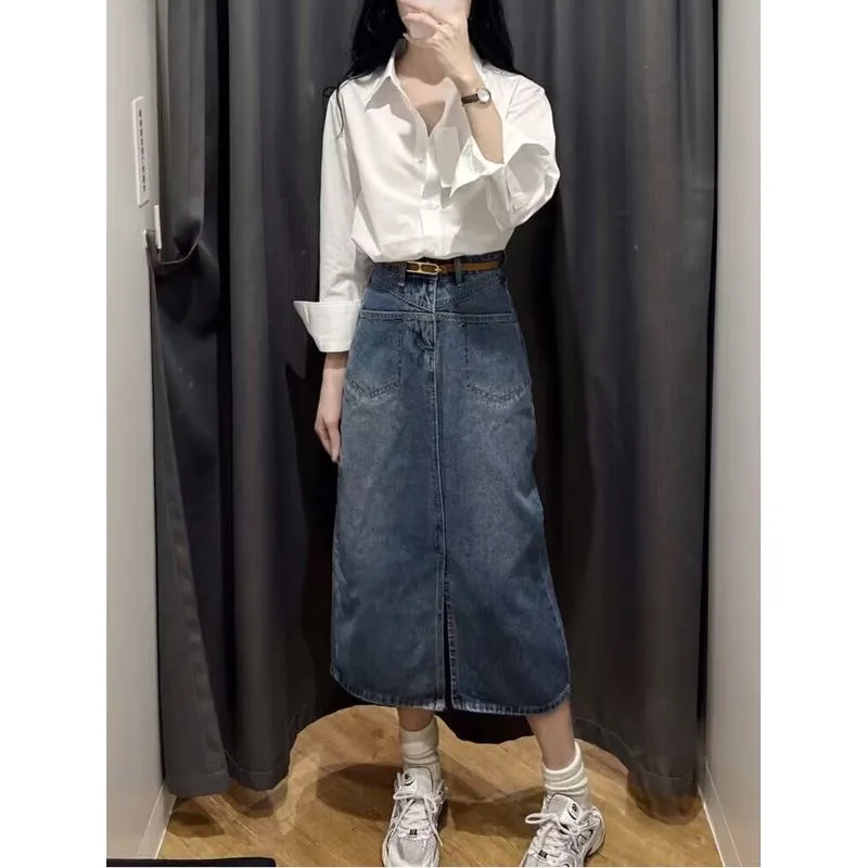 Plus Size High-Waisted Split Hem Slimming Retro Midi Denim Skirt