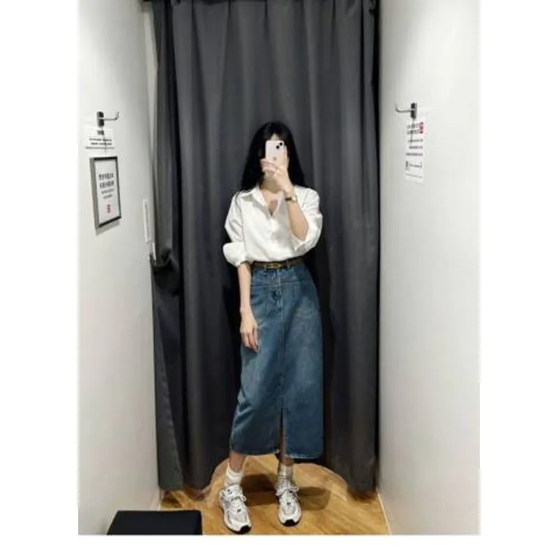 Plus Size High-Waisted Split Hem Slimming Retro Midi Denim Skirt