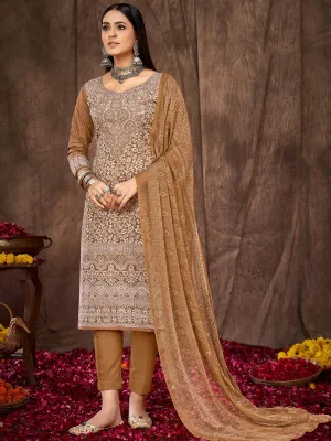 Printed Brown Cotton Unstitched Suit Material