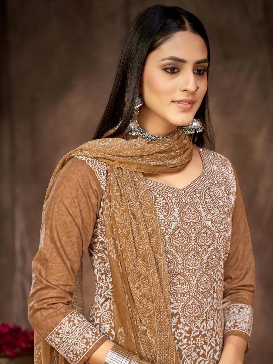 Printed Brown Cotton Unstitched Suit Material