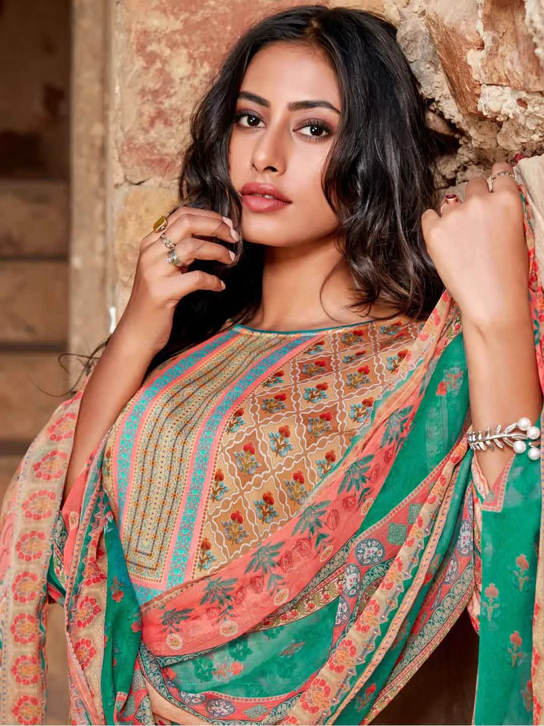 Printed Brown Unstitched Women Suit with Chiffon Dupatta