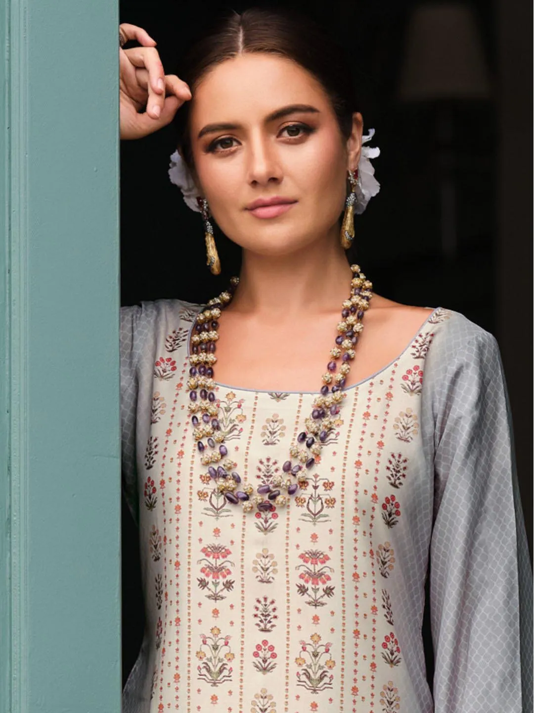 Printed Unstitched Women Cotton Salwar Suit Fabric Grey