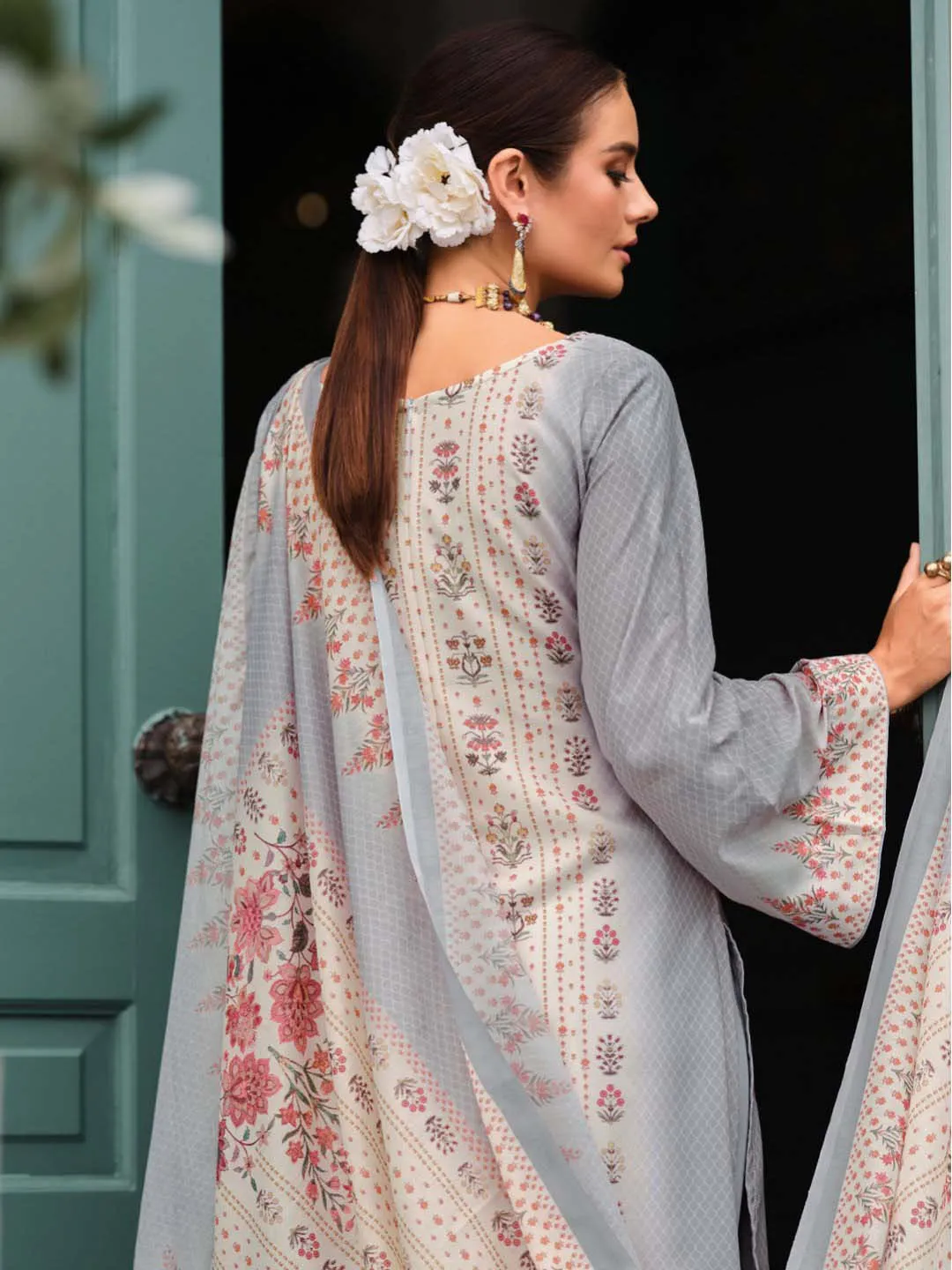 Printed Unstitched Women Cotton Salwar Suit Fabric Grey