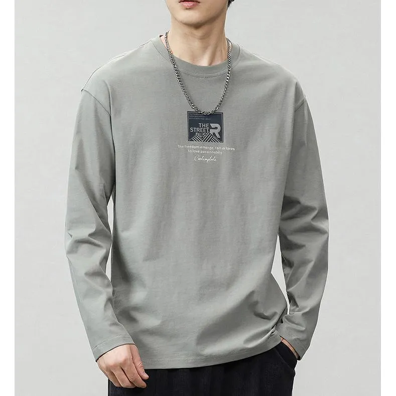 Pure Cotton Round Neck Simplicity Print Long Sleeve Tee