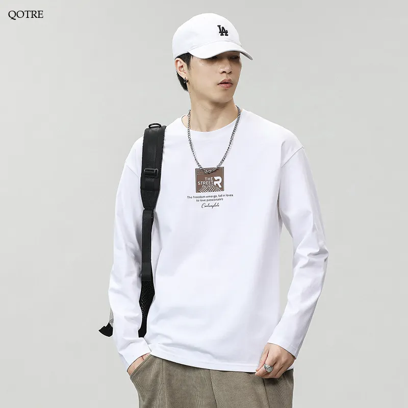 Pure Cotton Round Neck Simplicity Print Long Sleeve Tee