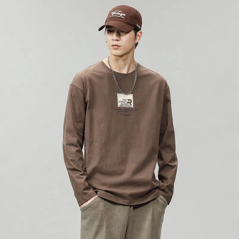 Pure Cotton Round Neck Simplicity Print Long Sleeve Tee