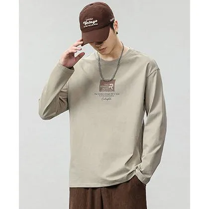 Pure Cotton Round Neck Simplicity Print Long Sleeve Tee