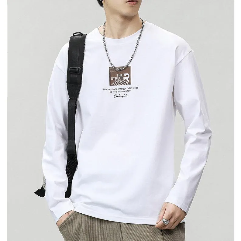 Pure Cotton Round Neck Simplicity Print Long Sleeve Tee