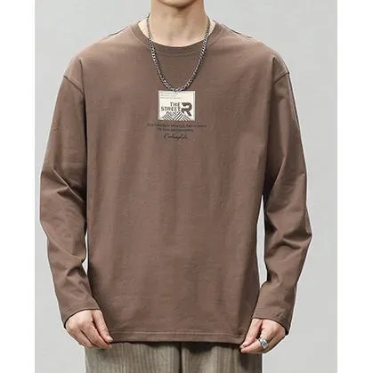Pure Cotton Round Neck Simplicity Print Long Sleeve Tee