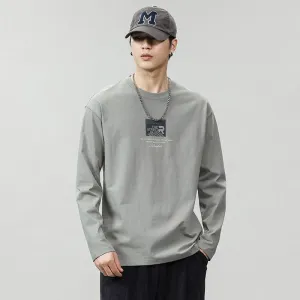 Pure Cotton Round Neck Simplicity Print Long Sleeve Tee
