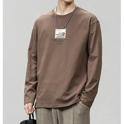 Pure Cotton Round Neck Simplicity Print Long Sleeve Tee