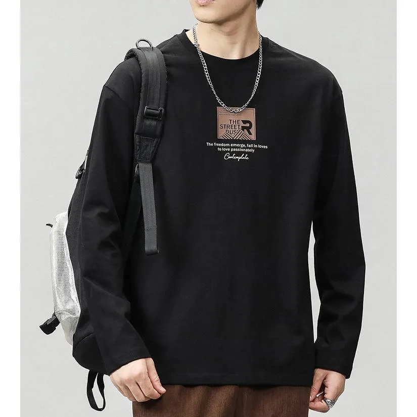 Pure Cotton Round Neck Simplicity Print Long Sleeve Tee