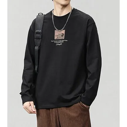 Pure Cotton Round Neck Simplicity Print Long Sleeve Tee