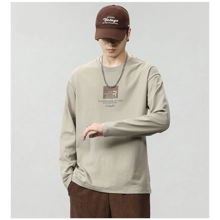 Pure Cotton Round Neck Simplicity Print Long Sleeve Tee
