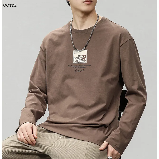 Pure Cotton Round Neck Simplicity Print Long Sleeve Tee