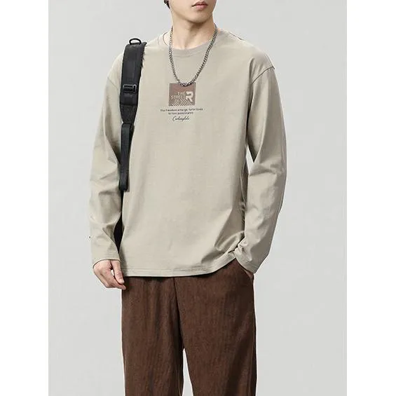 Pure Cotton Round Neck Simplicity Print Long Sleeve Tee