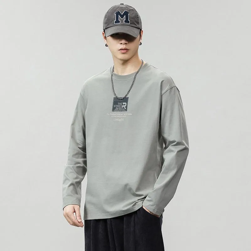Pure Cotton Round Neck Simplicity Print Long Sleeve Tee