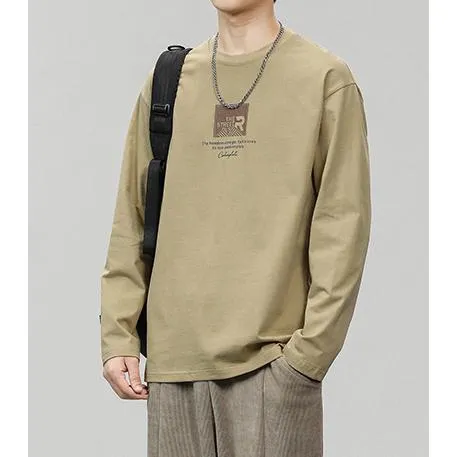 Pure Cotton Round Neck Simplicity Print Long Sleeve Tee
