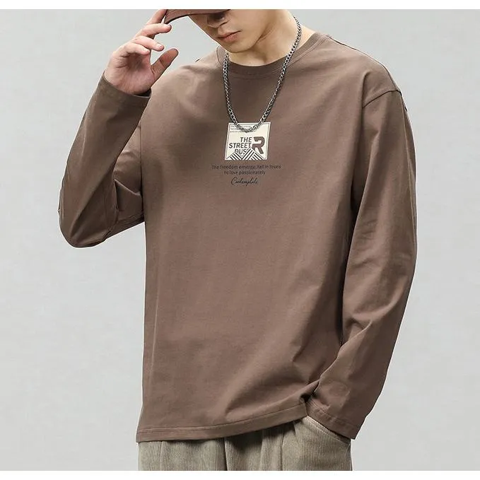 Pure Cotton Round Neck Simplicity Print Long Sleeve Tee