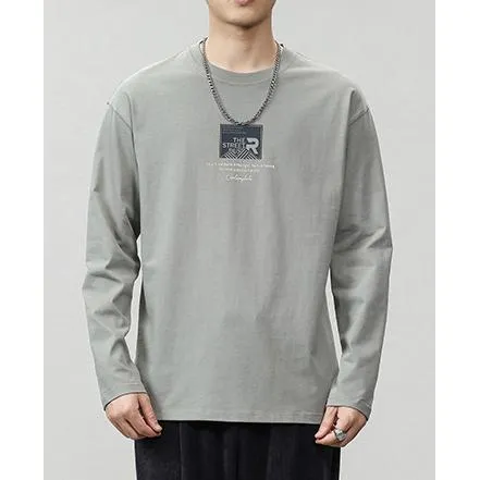Pure Cotton Round Neck Simplicity Print Long Sleeve Tee