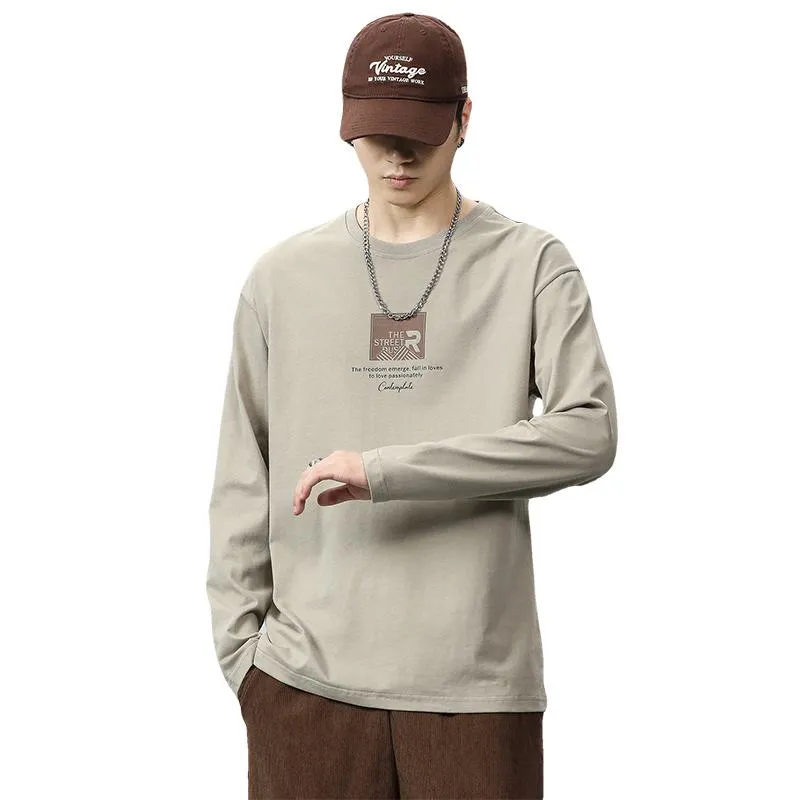 Pure Cotton Round Neck Simplicity Print Long Sleeve Tee