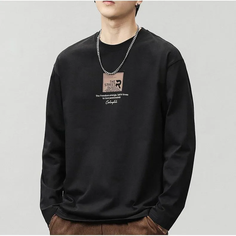 Pure Cotton Round Neck Simplicity Print Long Sleeve Tee