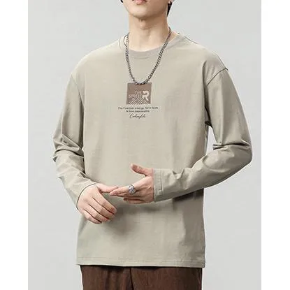 Pure Cotton Round Neck Simplicity Print Long Sleeve Tee