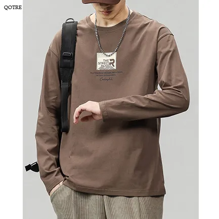 Pure Cotton Round Neck Simplicity Print Long Sleeve Tee