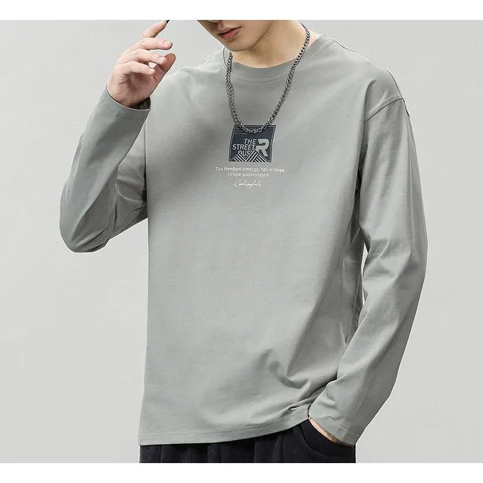 Pure Cotton Round Neck Simplicity Print Long Sleeve Tee