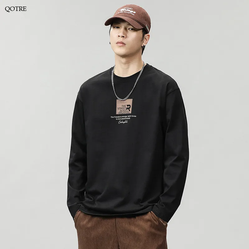 Pure Cotton Round Neck Simplicity Print Long Sleeve Tee