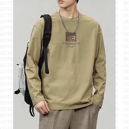 Pure Cotton Round Neck Simplicity Print Long Sleeve Tee