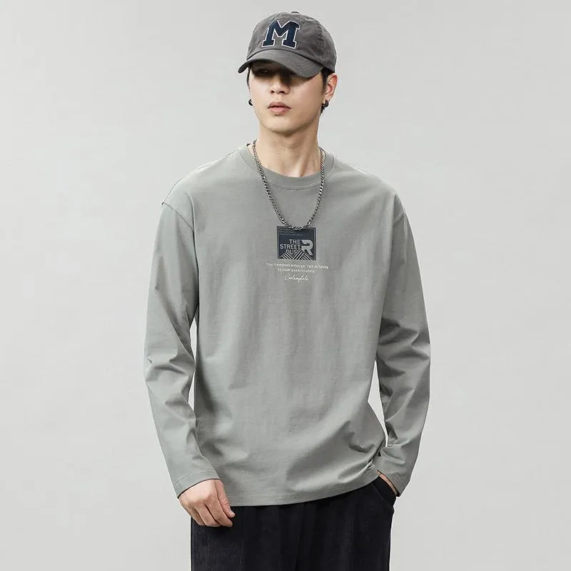 Pure Cotton Round Neck Simplicity Print Long Sleeve Tee