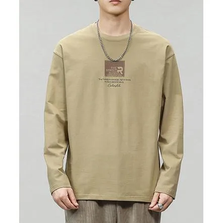 Pure Cotton Round Neck Simplicity Print Long Sleeve Tee