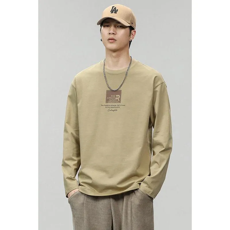 Pure Cotton Round Neck Simplicity Print Long Sleeve Tee