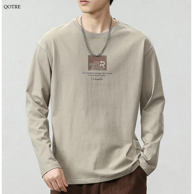 Pure Cotton Round Neck Simplicity Print Long Sleeve Tee