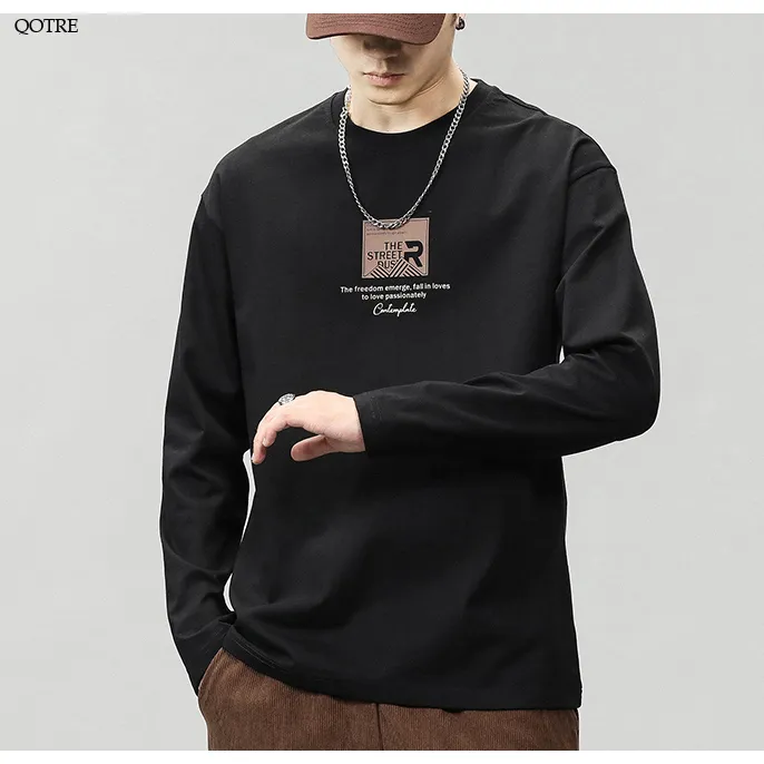 Pure Cotton Round Neck Simplicity Print Long Sleeve Tee