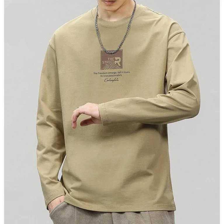 Pure Cotton Round Neck Simplicity Print Long Sleeve Tee