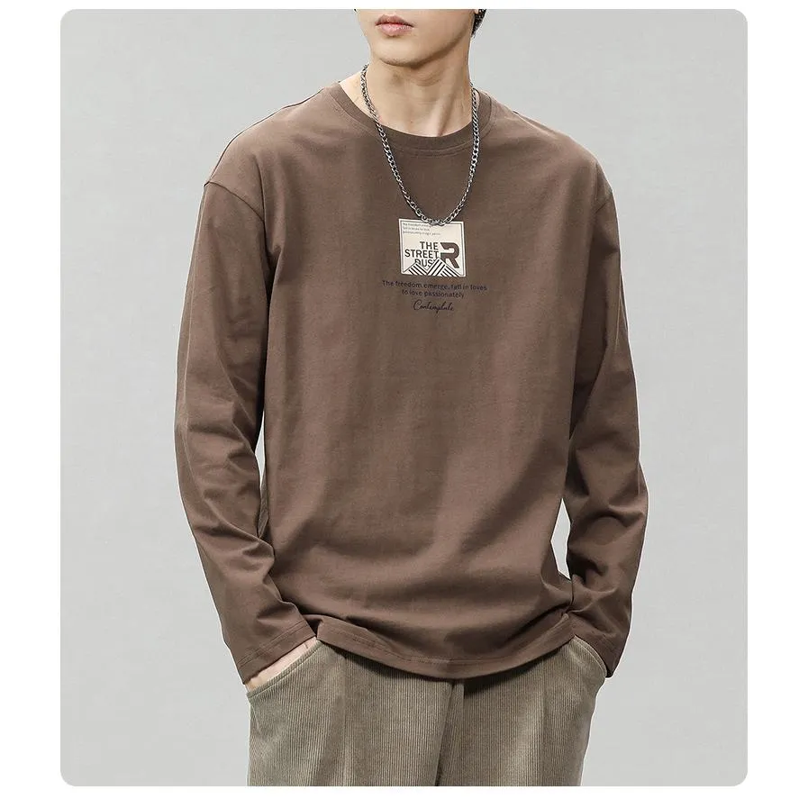 Pure Cotton Round Neck Simplicity Print Long Sleeve Tee